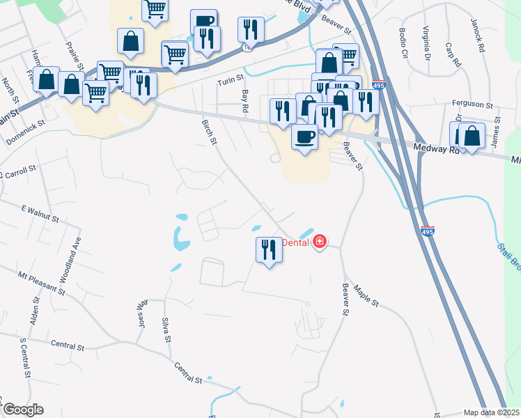 map of restaurants, bars, coffee shops, grocery stores, and more near 17 Birch Street in Milford