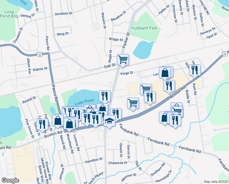 map of restaurants, bars, coffee shops, grocery stores, and more near 384 Massachusetts 21 in Springfield