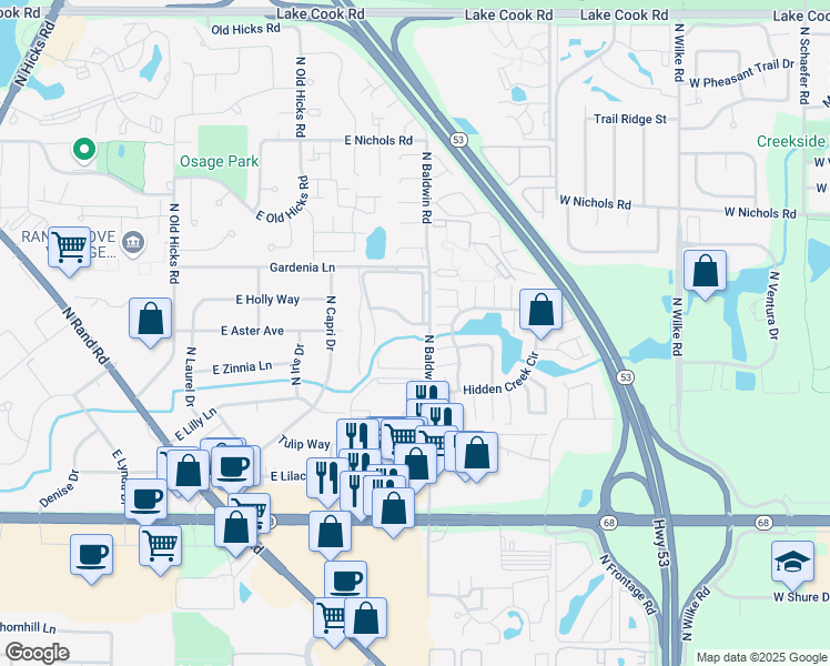 map of restaurants, bars, coffee shops, grocery stores, and more near 1731 East Hudson Bay in Palatine