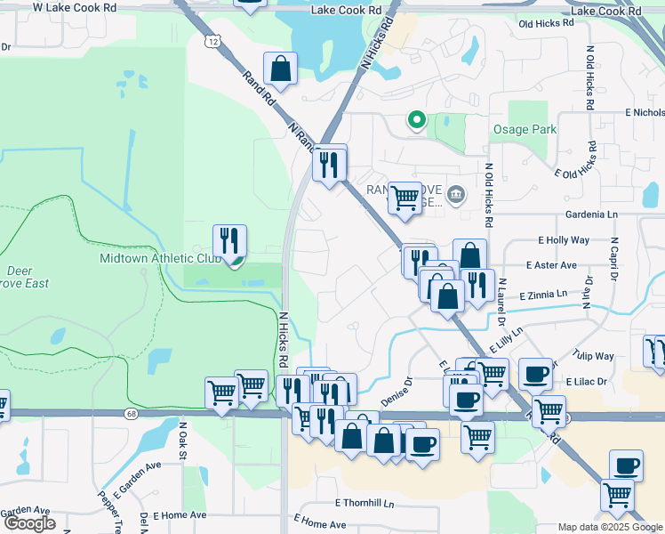 map of restaurants, bars, coffee shops, grocery stores, and more near 1931 North Hicks Road in Palatine