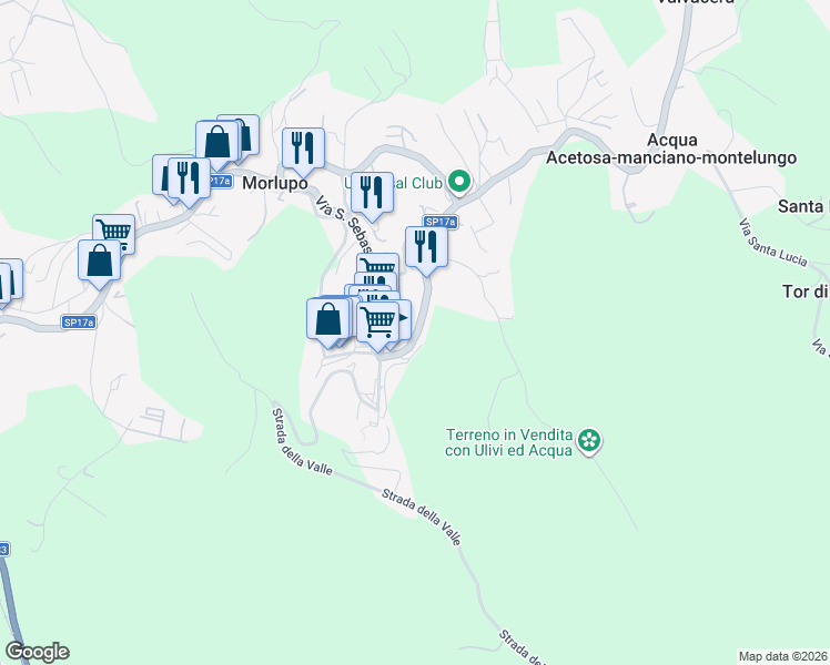 map of restaurants, bars, coffee shops, grocery stores, and more near 31 Via Fontana Fuori in Morlupo