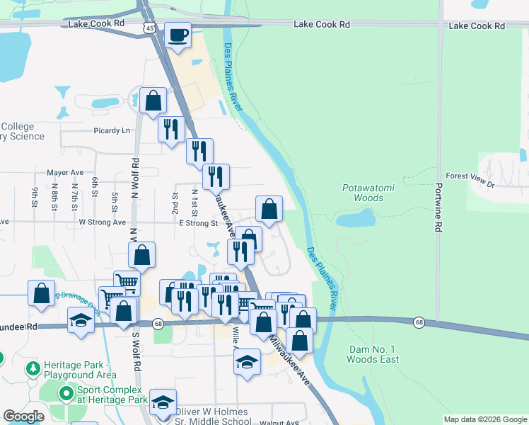map of restaurants, bars, coffee shops, grocery stores, and more near 301 Oakwood Lane in Wheeling