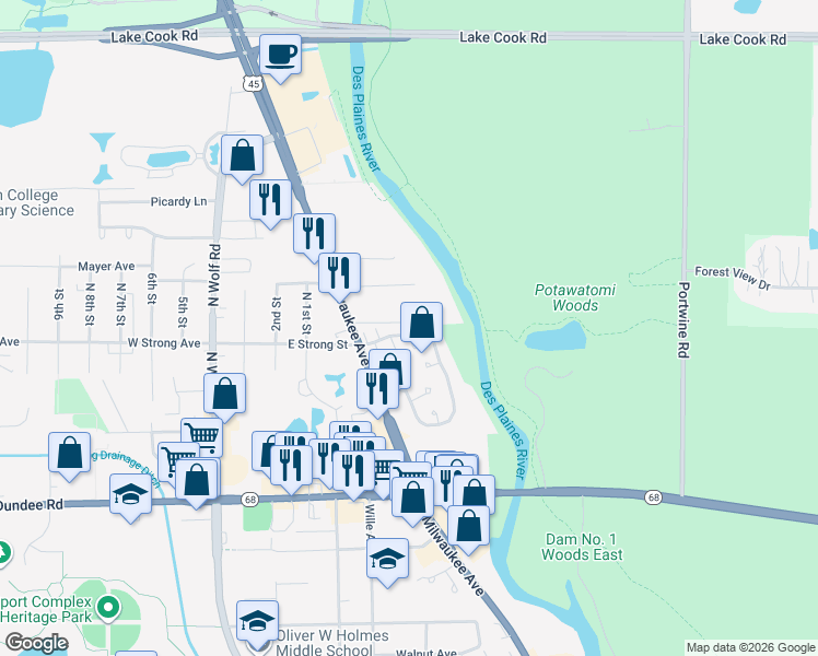map of restaurants, bars, coffee shops, grocery stores, and more near 301 Oakwood Lane in Wheeling