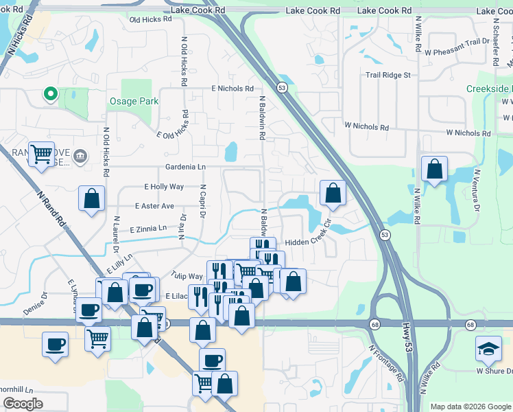 map of restaurants, bars, coffee shops, grocery stores, and more near 1731 East Hudson Bay in Palatine