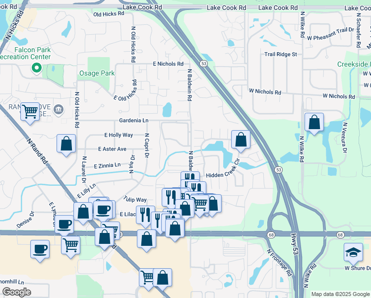 map of restaurants, bars, coffee shops, grocery stores, and more near 1851 Green Lane North in Palatine