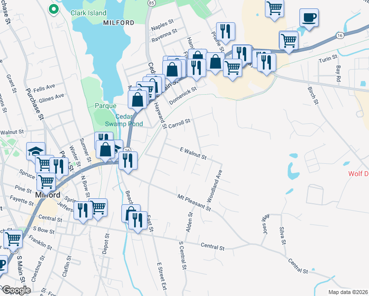map of restaurants, bars, coffee shops, grocery stores, and more near 8 Jen Paul Way in Milford