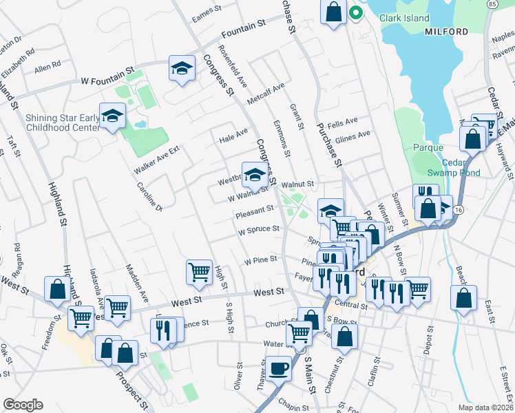 map of restaurants, bars, coffee shops, grocery stores, and more near 127 West Spruce Street in Milford