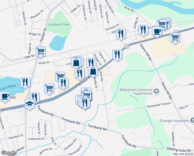 map of restaurants, bars, coffee shops, grocery stores, and more near 44 Biddle Street in Springfield
