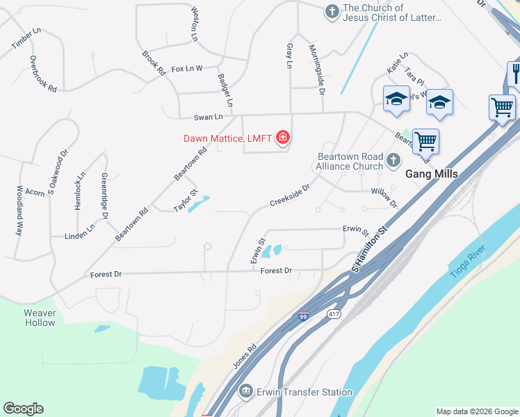map of restaurants, bars, coffee shops, grocery stores, and more near 121 Creekside Drive in Painted Post