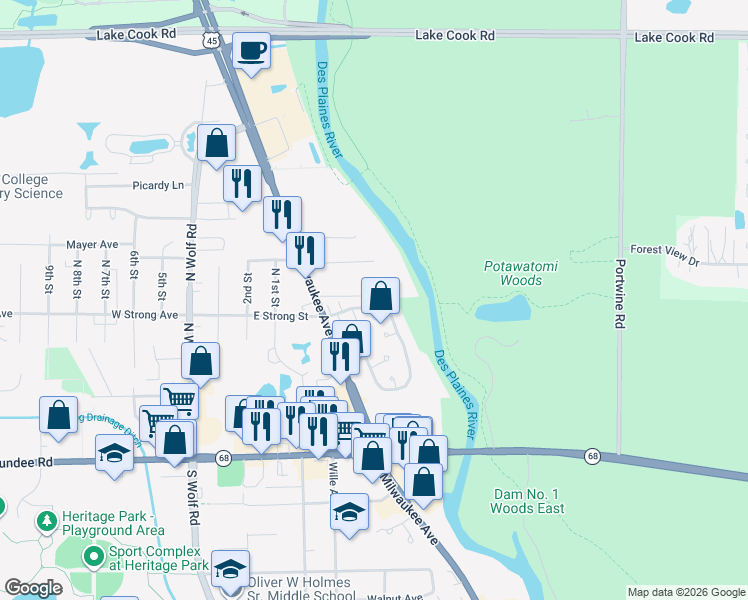 map of restaurants, bars, coffee shops, grocery stores, and more near 301 Oakwood Lane in Wheeling