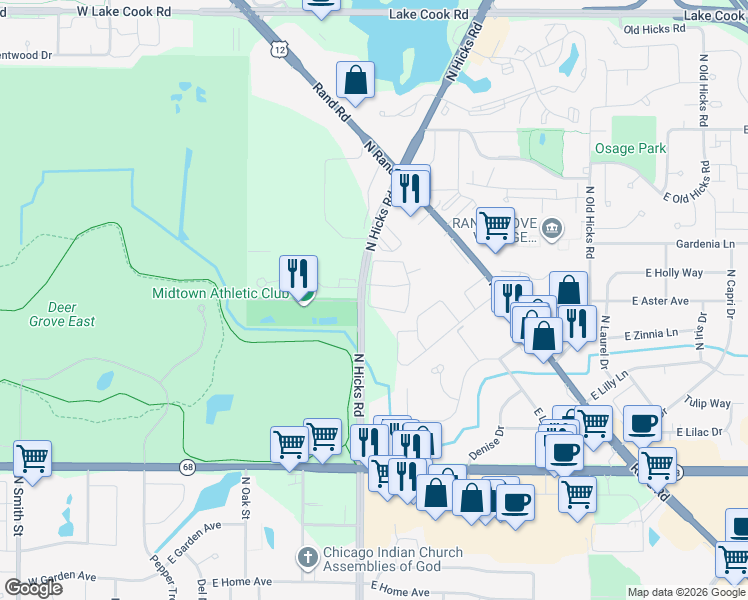 map of restaurants, bars, coffee shops, grocery stores, and more near 1833 North Hicks Road in Palatine
