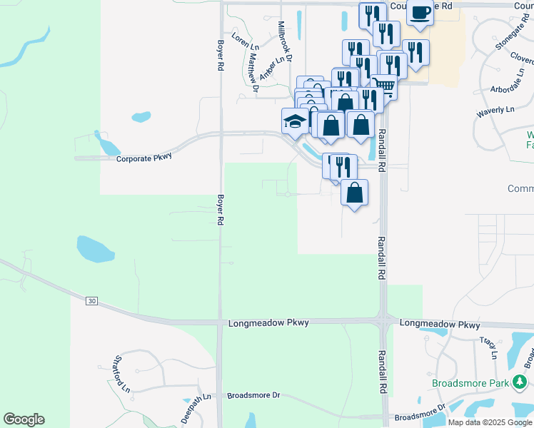 map of restaurants, bars, coffee shops, grocery stores, and more near 2400 Millbrook Drive in Algonquin