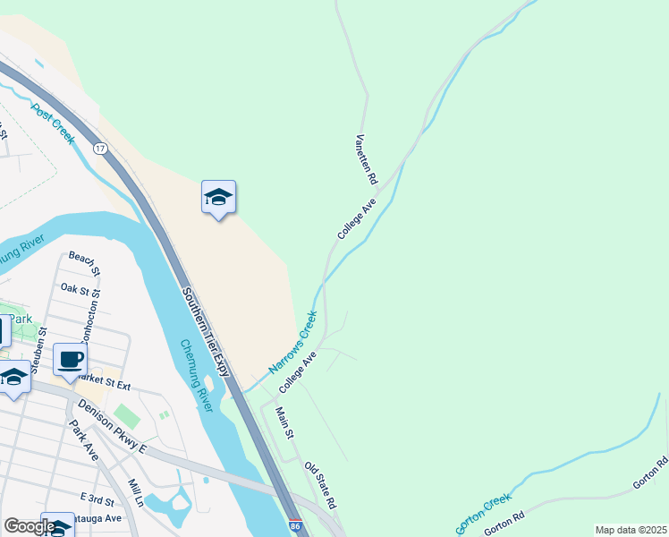 map of restaurants, bars, coffee shops, grocery stores, and more near 3082 College Avenue in Corning