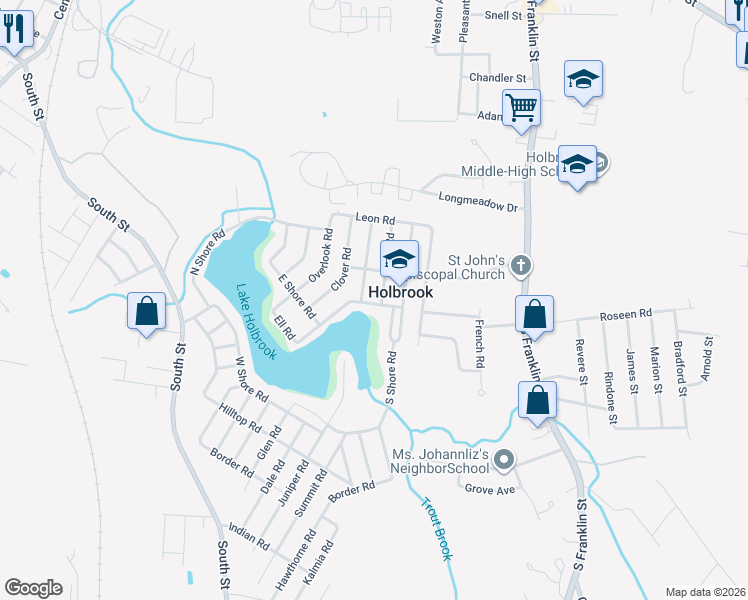 map of restaurants, bars, coffee shops, grocery stores, and more near 76 East Shore Road in Holbrook
