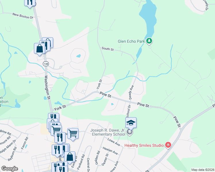 map of restaurants, bars, coffee shops, grocery stores, and more near 26 Pine Street in Stoughton