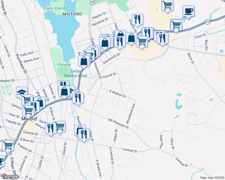 map of restaurants, bars, coffee shops, grocery stores, and more near 8 Jen Paul Way in Milford