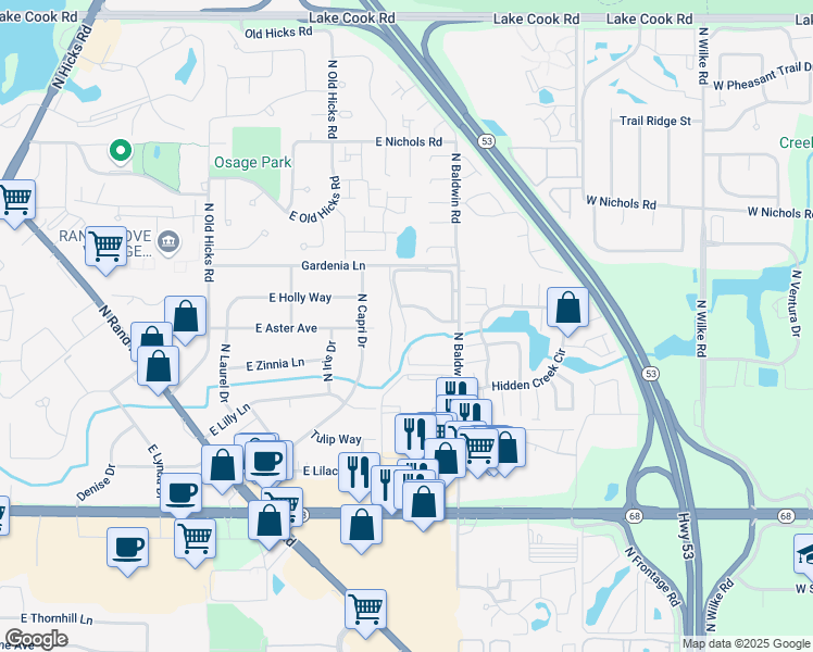 map of restaurants, bars, coffee shops, grocery stores, and more near 1801 Green Lane North in Palatine
