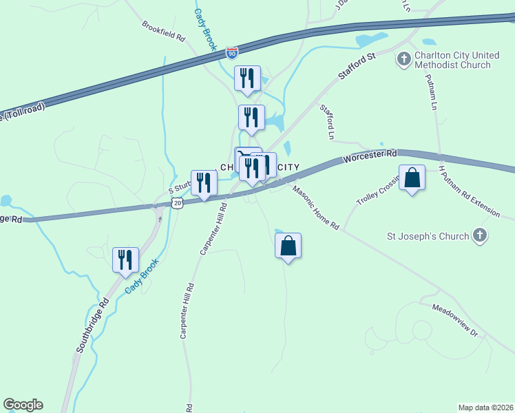 map of restaurants, bars, coffee shops, grocery stores, and more near 5 Gillespie Road in Charlton
