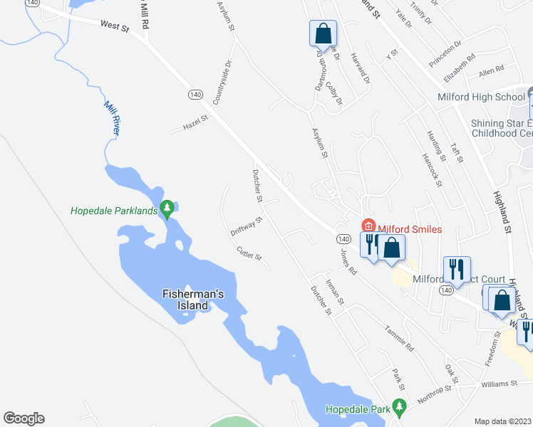 map of restaurants, bars, coffee shops, grocery stores, and more near 236 Dutcher Street in Hopedale