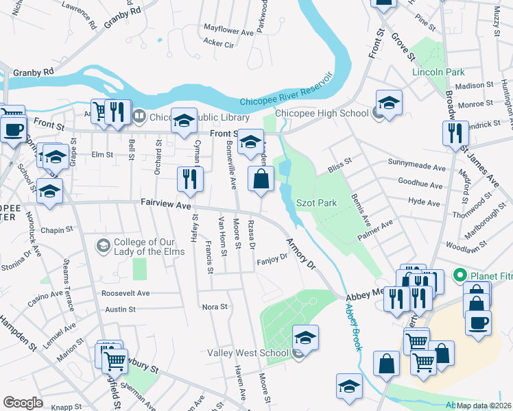 map of restaurants, bars, coffee shops, grocery stores, and more near 320 Fairview Avenue in Chicopee