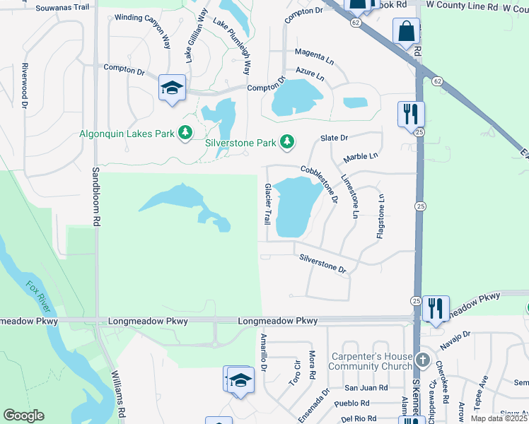 map of restaurants, bars, coffee shops, grocery stores, and more near 1525 Glacier Trail in Carpentersville