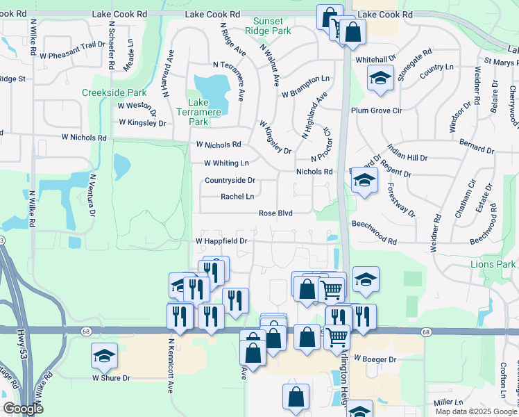 map of restaurants, bars, coffee shops, grocery stores, and more near 540 West Happfield Drive in Arlington Heights