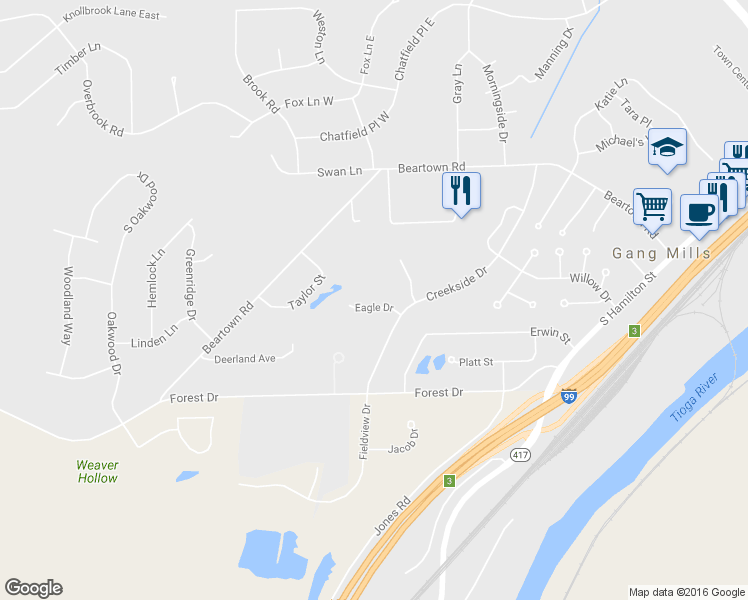 map of restaurants, bars, coffee shops, grocery stores, and more near 7 Eagle Drive in Painted Post