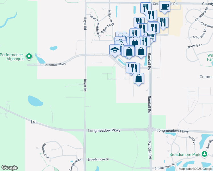 map of restaurants, bars, coffee shops, grocery stores, and more near 2450 Millbrook Drive in Algonquin