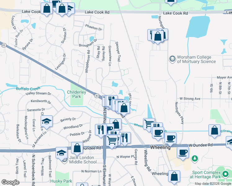 map of restaurants, bars, coffee shops, grocery stores, and more near 712 Dorset Circle in Wheeling