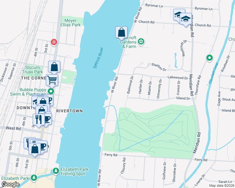 map of restaurants, bars, coffee shops, grocery stores, and more near 22237 West River Road in Grosse Ile Township