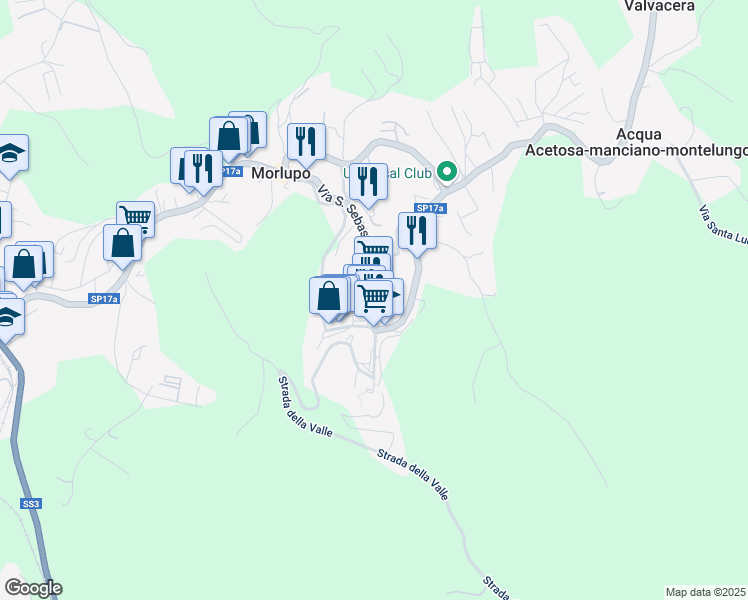 map of restaurants, bars, coffee shops, grocery stores, and more near 68A Via San Sebastiano in Morlupo