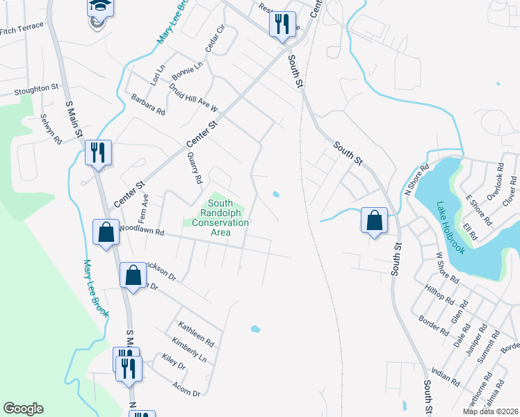 map of restaurants, bars, coffee shops, grocery stores, and more near 65 Druid Hill Avenue East in Randolph