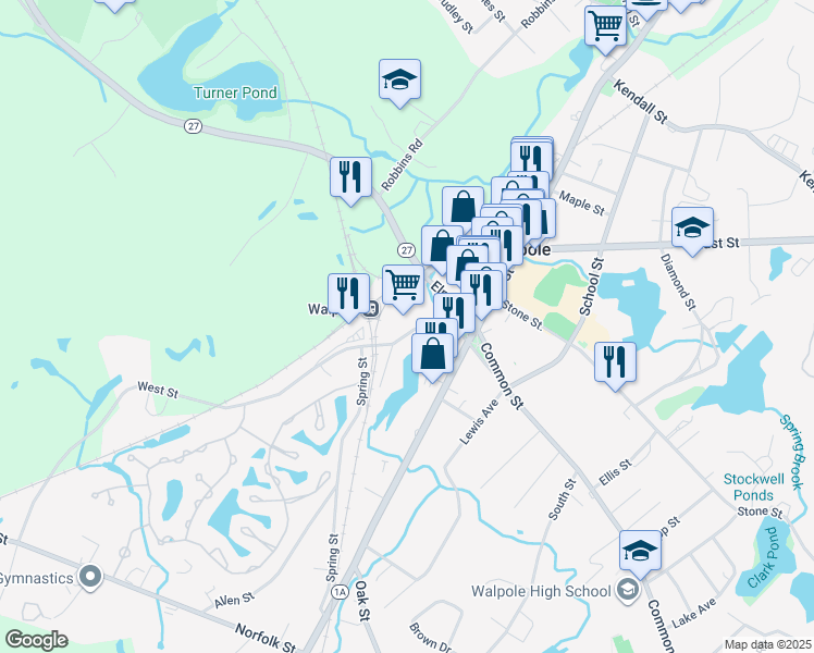 map of restaurants, bars, coffee shops, grocery stores, and more near 55 West Street in Walpole
