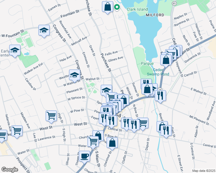 map of restaurants, bars, coffee shops, grocery stores, and more near 8 Walnut Street in Milford