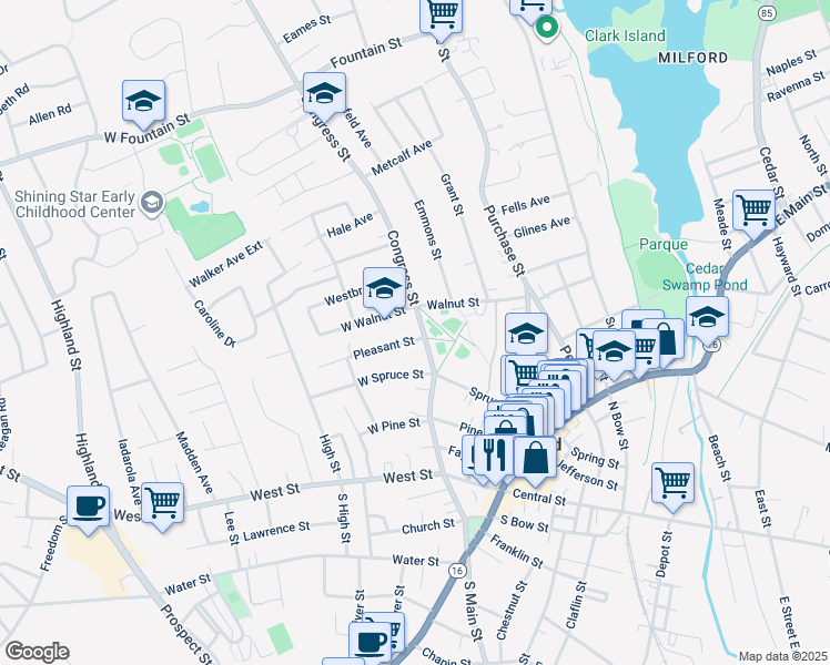 map of restaurants, bars, coffee shops, grocery stores, and more near 5 Walnut Street in Milford