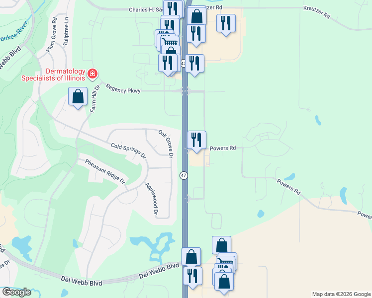 map of restaurants, bars, coffee shops, grocery stores, and more near Highway 47 in Huntley