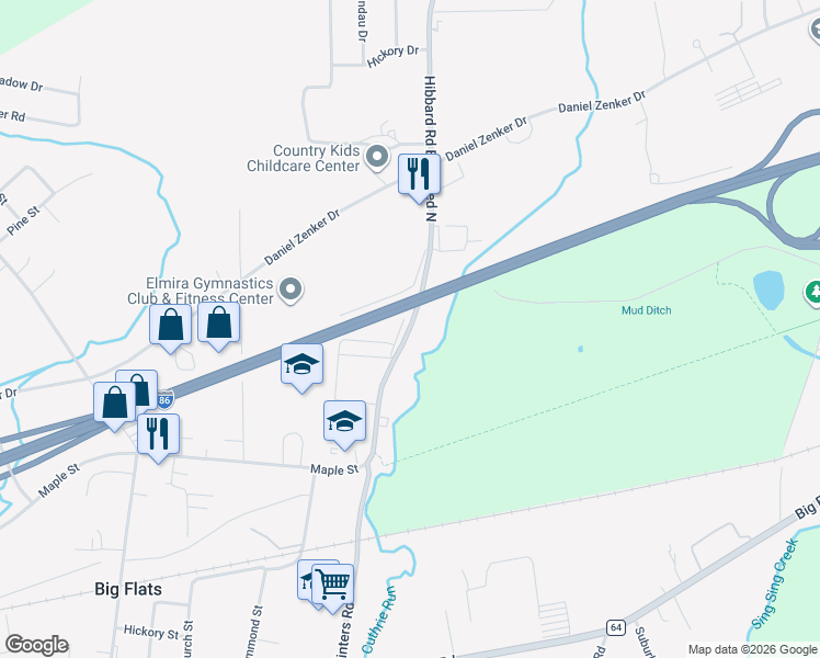 map of restaurants, bars, coffee shops, grocery stores, and more near Southern Tier Expressway in Big Flats