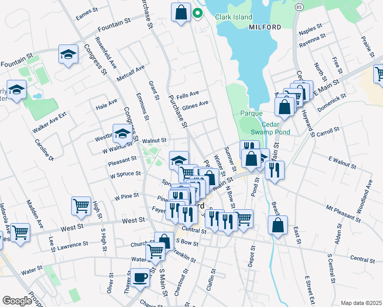 map of restaurants, bars, coffee shops, grocery stores, and more near 81 School Street in Milford
