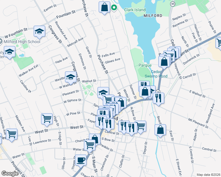 map of restaurants, bars, coffee shops, grocery stores, and more near 81 School Street in Milford