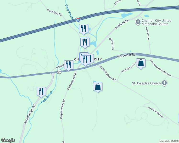 map of restaurants, bars, coffee shops, grocery stores, and more near 5 Gillespie Road in Charlton