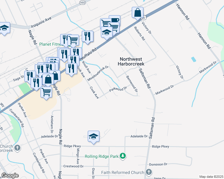 map of restaurants, bars, coffee shops, grocery stores, and more near 4651 Parkwood Drive in Erie