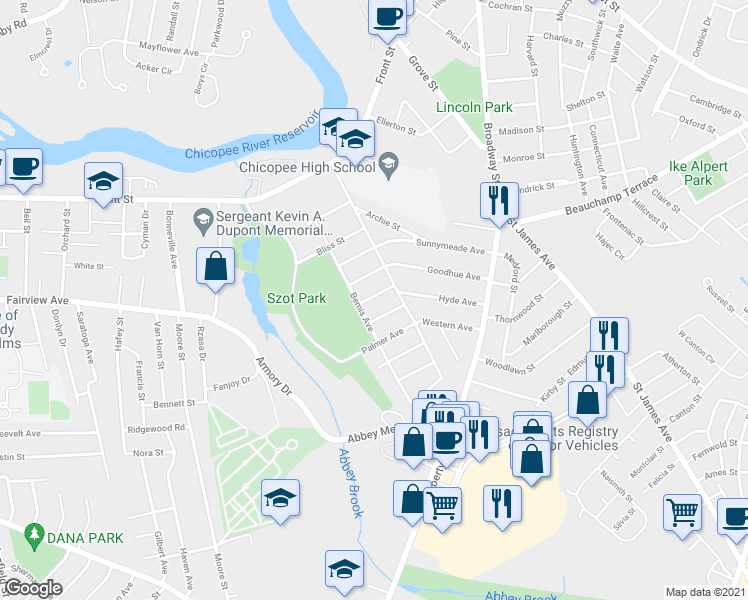 map of restaurants, bars, coffee shops, grocery stores, and more near 31 Elliot Avenue in Chicopee