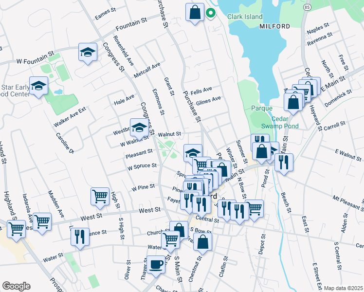 map of restaurants, bars, coffee shops, grocery stores, and more near 12 Walnut Street in Milford