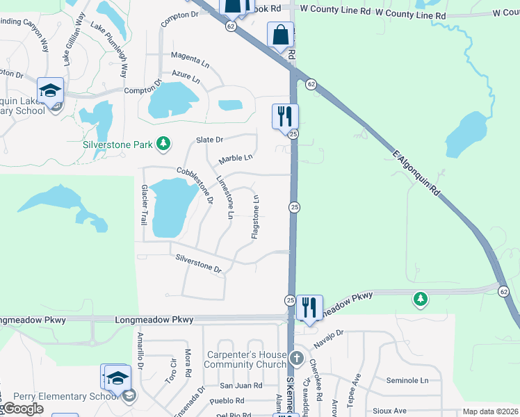 map of restaurants, bars, coffee shops, grocery stores, and more near 2277 Flagstone Lane in Carpentersville