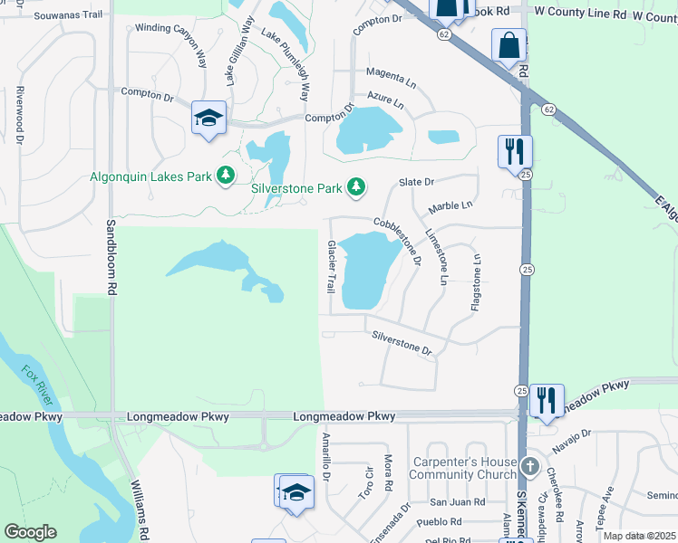 map of restaurants, bars, coffee shops, grocery stores, and more near 1546 Glacier Trail in Carpentersville