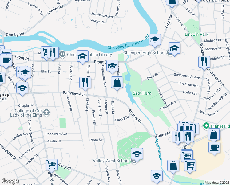 map of restaurants, bars, coffee shops, grocery stores, and more near 95 Bonneville Avenue in Chicopee