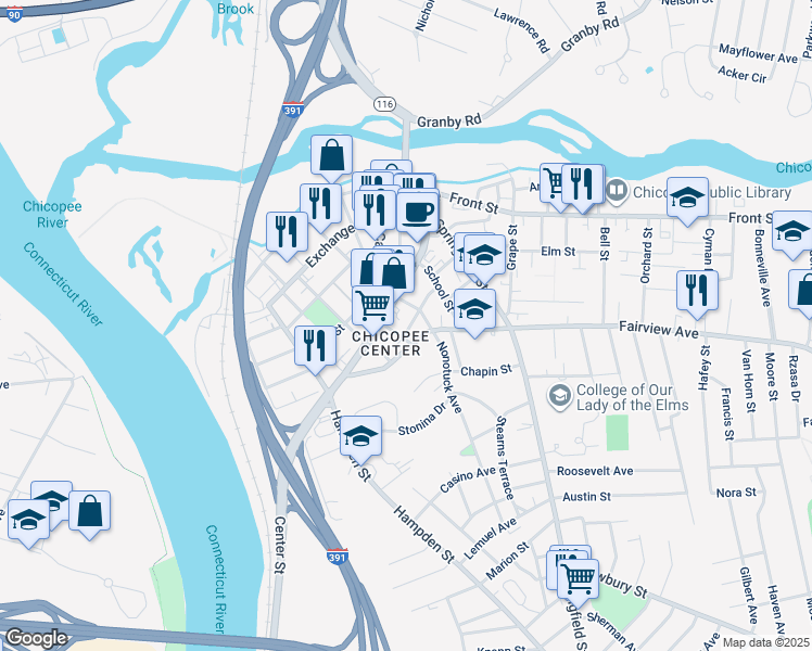 map of restaurants, bars, coffee shops, grocery stores, and more near in Chicopee