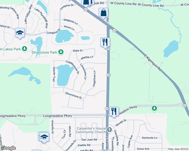 map of restaurants, bars, coffee shops, grocery stores, and more near 2277 Flagstone Lane in Carpentersville