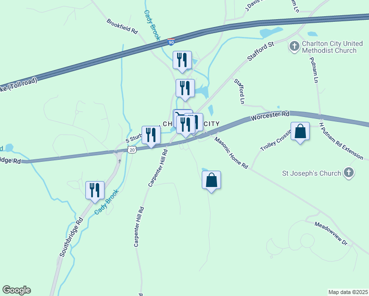 map of restaurants, bars, coffee shops, grocery stores, and more near 4B Gillespie Road in Charlton