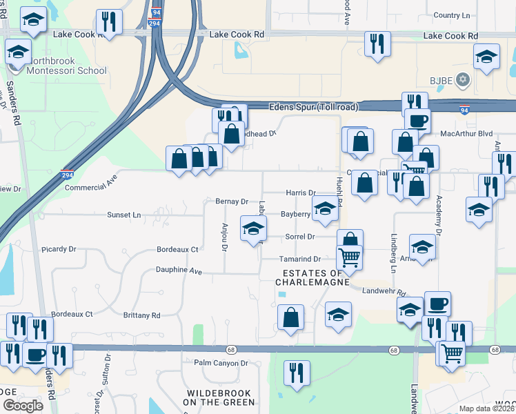 map of restaurants, bars, coffee shops, grocery stores, and more near 3612 Bernay Drive in Northbrook